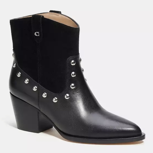 Coach Pauline Black Leather & Suede Studded Ankle Boots sz 7.5 - Picture 5 of 10